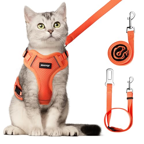 Cat Harness and Leash for Walking Escape Proof Soft Adjustable Cat Leash Breathable Comfortable Vest Easy to Wear Kitten Harness for Outdoor Travel, Orange, M