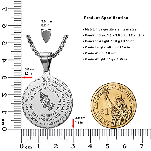 Yaumatea Serenity Prayer Necklace With Praying Hands Coin Pendant For Men Women Lords Prayer Bible Verse Courage Wisdom Stainless Steel (Silver) #TOP3