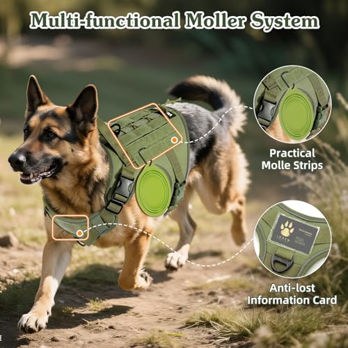 VavoPaw Taktisch Hundegeschirr, Einfach Kontrolle & Anti Zug Hundegeschirr mit Molle Panel und Reflektierend Streifen, Taktisch Weste für Hunde Training, Wandern, Jagd, Outdoor, Armeegrün, L