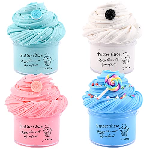 Rowecvce 4 Pack Candy Oreo Fluffy Butter Slime Kit, Scented putty Slime for Kids Party Favor, Soft and No-Sticky, Stress Relief Toy for Girls and Boys, Blue,green,pink,white, N001
