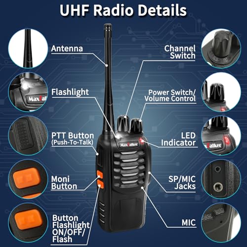 Image of Radios Walkie Talkies Long Range: MaxTalker MT-8S Rechargeable Walkie Talkies with Earpiece, VOX, Flashlight,1500mAh Battery, Walkie Talkie for Adults, Work, Camping Essentials, 6 Pack