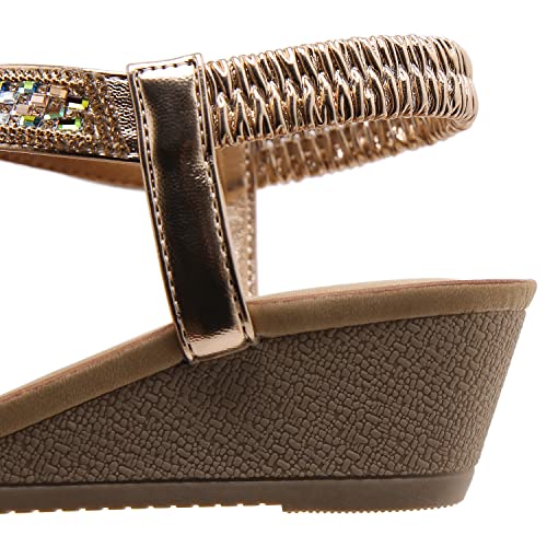 Women's Bohemian Rhinestone T-strap Wedge Sandals Open Toe Elastic Slingback Mid Heels Summer Beach Dressy Sandal3