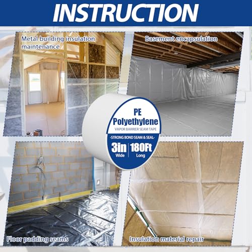 Image of Treela 6 Rolls Vapor Barrier Tape 3 inch x 180' 9 Mil White Polyethylene Tape, Moisture Barrier Seal Seam for Crawl Spaces Underlayment Insulation Plastic Liners More