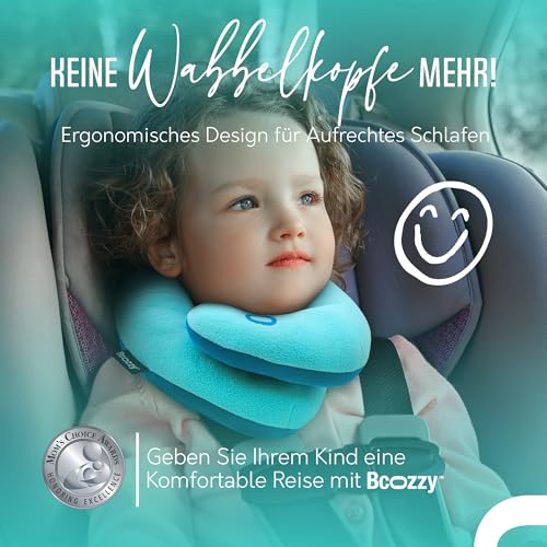 BCOZZY Kinder (3-7 J.) Auto Nackenkissen – Patentiertes Reisekissen für Kopfstütze im Kindersitz, Flugzeug und beim Schlafen auf Reisen. Weich. Verstellbar. Waschbar. Mit Tragetasche. Klein, Blau 2