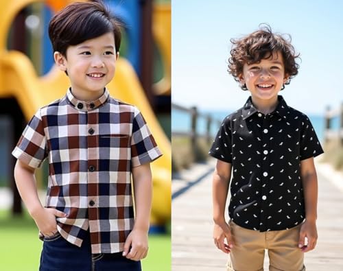 Image of Boys Short Sleeve Button Down Shirts, Plaid and Striped Pattern, Cotton Casual Tops, Pack of 2