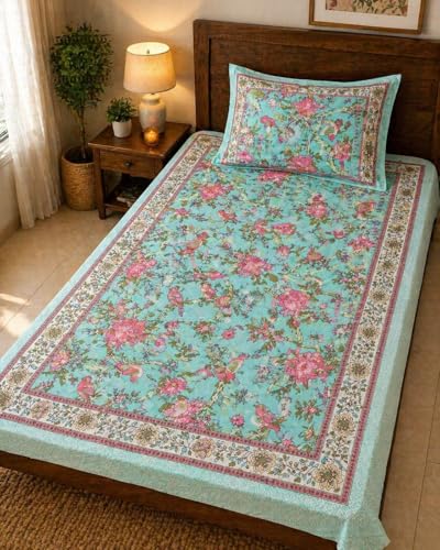 Image of Mafatlal 144 TC Heritage 100% Pure Cotton Jaipuri Bedsheet with Pillow Cover (90x60 inches) | Soft & Breathable Fabric | Traditional Floral Print | Teal Blue