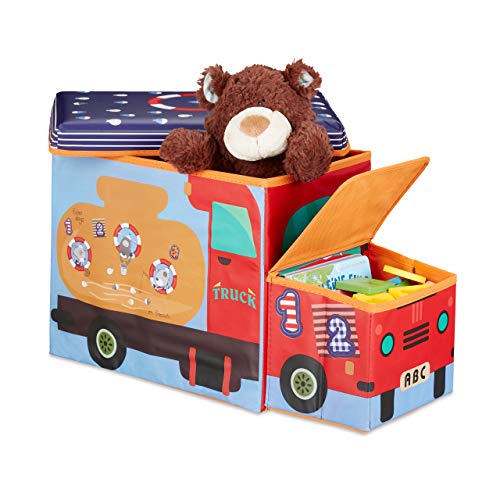 Relaxdays Baúl para Juguetes, Taburete Infantil Plegable, Caja Compartimento, Unisex, Vida Marina, 50 L, Azul y Rojo, Poliéster, 33 x 27 x 56 cm