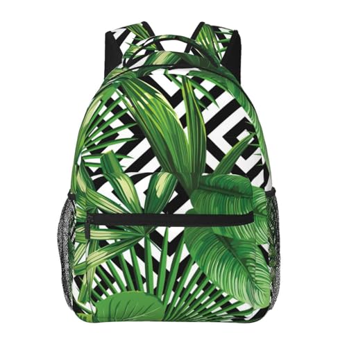 Sac à dos léger toile motif feuilles vertes palmier imprimé végétal sur fond noir