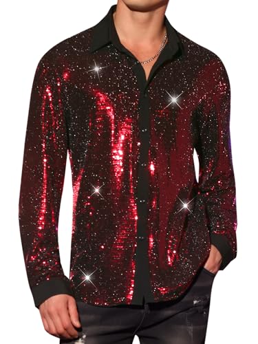 Lars Amadeus Sequin Shirts for Men's Long Sleeves Button Down Disco Party Metallic Shiny Shirts