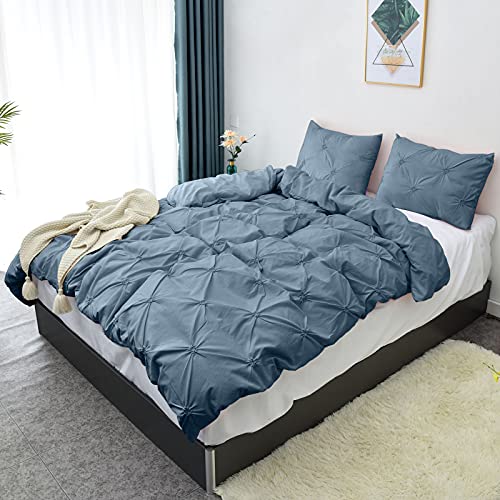 Lhkis Duvet Cover King, Blue Soft Duvet Cover Set, Farmhouse Textured Comforter Cover Hotel Pintuck Bedding Duvet Cover 3 Pieces #TOP6
