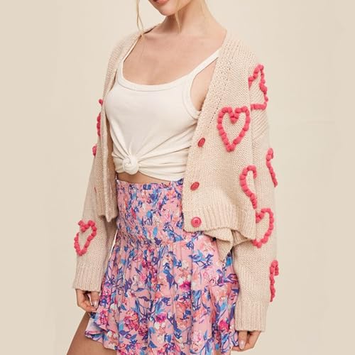 Image of Valentine's Day Cardigan Sweaters for Women Love Heart Print Button Down Cropped Cardigans Y2K Open Front Knit Sweater