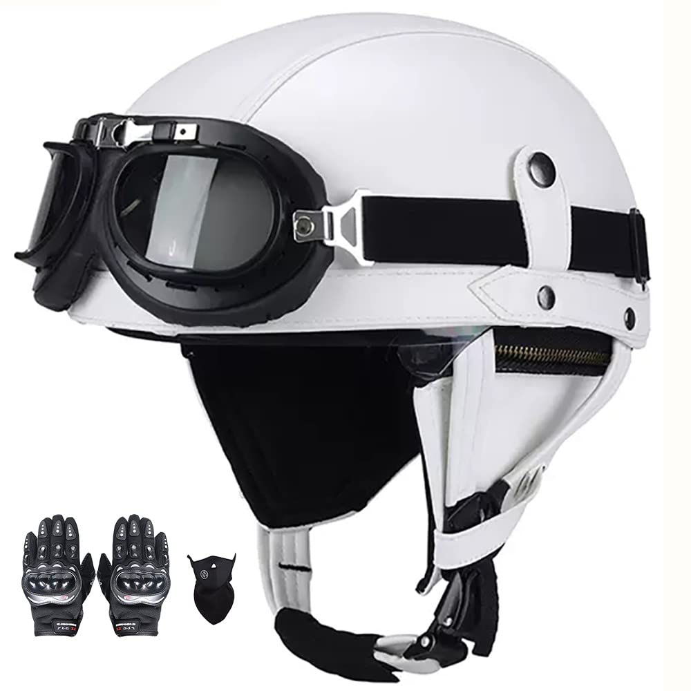 Beyswage Men's I Motorcycle Half Helmet, Retro Jet Helmet + Goggles, Adjustable Size, Comfortable Liner, Dot/Ece Approved Open Face Helmet For And Wo, For Cruiser, Moped, Scooter (54~61Cm)