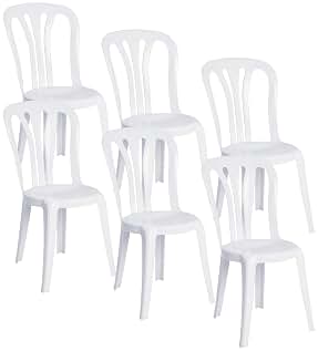 Pack 6 Silla Garrocha Alta Apilable Blanca sin Reposabrazos para Jardín, Camping y Playa. Silla Ergonómica de PVC, Cómoda, Resistente, Fácil de Transportar y Apilar para Catering.