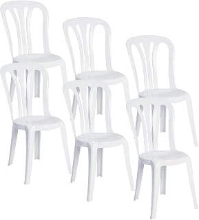 Pack 6 Silla Garrocha Alta Apilable Blanca sin Reposabrazos para Jardín, Camping y Playa. Silla Ergonómica de PVC, Cómoda, Resistente, Fácil de Transportar y Apilar para Catering.