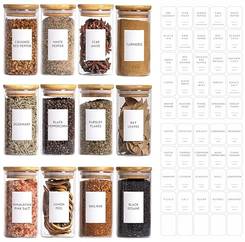 Image of VILON 11oz(330ml) 12-Pack Glass Jars Set, Cylinder Spice Jars with Bamboo Lids and Labels, Food Storage Container Canisters for Home Kitchen, Spice, Herbs, Seasoning, Seed, Tea, Sugar, Salt