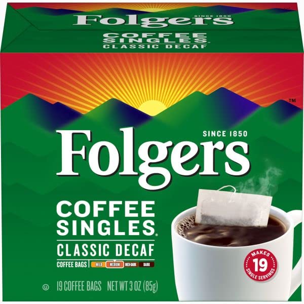 Folgers Coffee Singles Medium Roast Decaf Coffee Bags, 19 Count (Pack of 6)