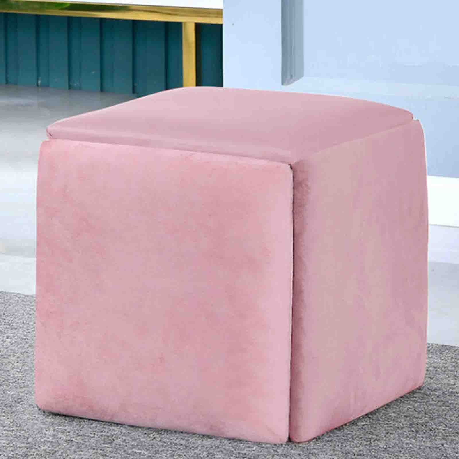 Tabouret 5 en 1 en flanelle rose 42cm, pouf gigogne empilable pour salon