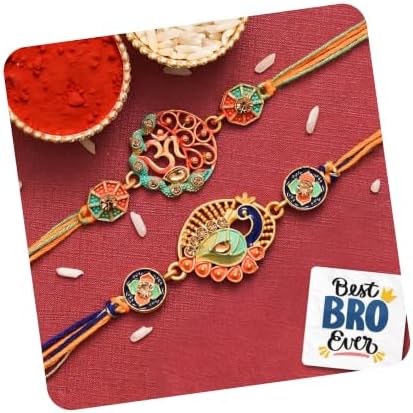 eCraftIndia Set of 2 Multicolor Religious Om Symbol and Peacock Designer Rakhis with Roli Chawal Pack and Best Bro Ever Fridge Magnet - Rakhi for Brother