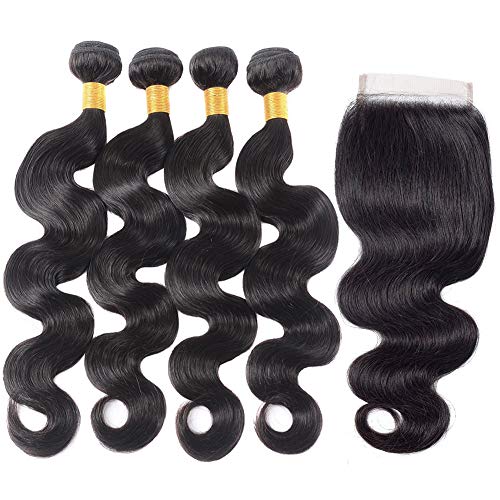 8A Brazilian Body Wave Bundles with Closure (14 16 18 20+12) Unprocessed Human Hair Bundles with Closure Brazilian Body Wave Hair with Closure Free Part Natural Color