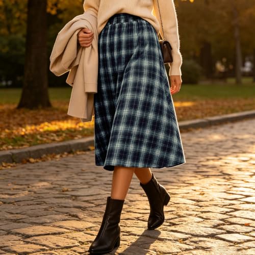 Huyxcye Womens Plaid Midi Skirt High Waist A Line Flowy Tartan Fall Winter - image 8