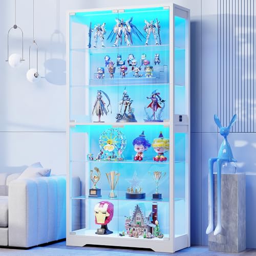 BROTTAR Vitrine mit Glastür, 6-stufige 180cm Vitrine mit 3 Farblichten für Sammlerstücke, Vitrine mit verstellbaren Glasträgern, Körperkensorsensor, Aufbewahrungsschränke, Weiß