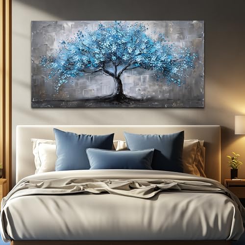 FUHAIHUA Canvas Wall Decor For Bedroom Large Wall Art For Living Room Office Decortions Black And White Paintings Blue Trees Wall Pictures Framed Mural Aesthetic Home Decor Posters Artwork 24x48 In
