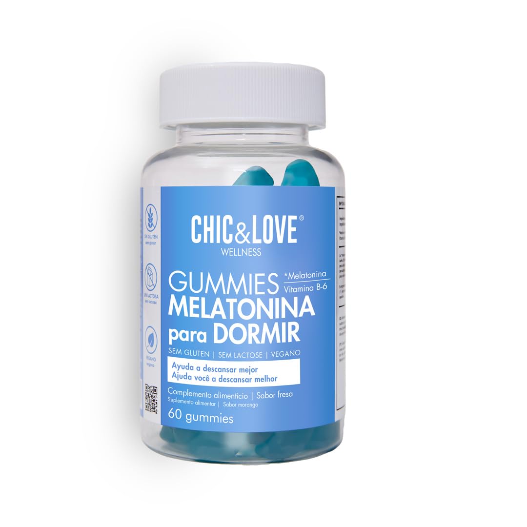 Melatonina Gominolas para Dormir con Vitamina B6 – Sabor Fresa Ingredientes Naturales Veganas Sin Gluten – Ayudan a Conciliar Sueño Bienestar 60 unidades – CHIC & LOVE