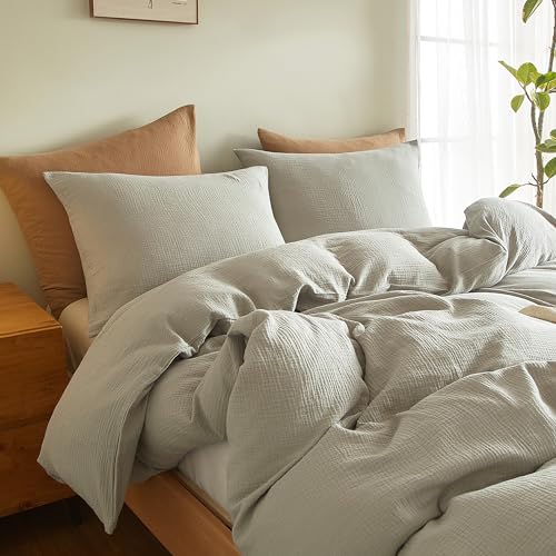 SE SOFTEXLY Muslin Duvet Cover Oversized King Size, 100% Washed Cotton Duvet Cover Set, Ultra Soft Comforter Cover Linen Like, 3 Pieces Gauze Duvet Cover with 2 Pillowcases, 98"x120", Smoky-Green