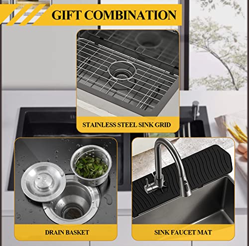 Black Kitchen Sink, Undermount Stainless Steel Bar Sink 32X19X9 Inch Drop In Single Bowl Kitchen Sink With Accessories-Sink Grid,Silicon Faucet Mat,Drain Assembly Set For Modern Kitchen Sink #TOP6