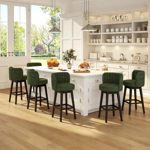Image of COCO DESIGN 30 inch Green Swivel Bar Height Stools Set of 4 with Wood Legs | Mid Century Modern Style, Smooth Swivel Design, Chenille Upholstered Seat, Sturdy Solid Wood Legs, Bar Height For Island