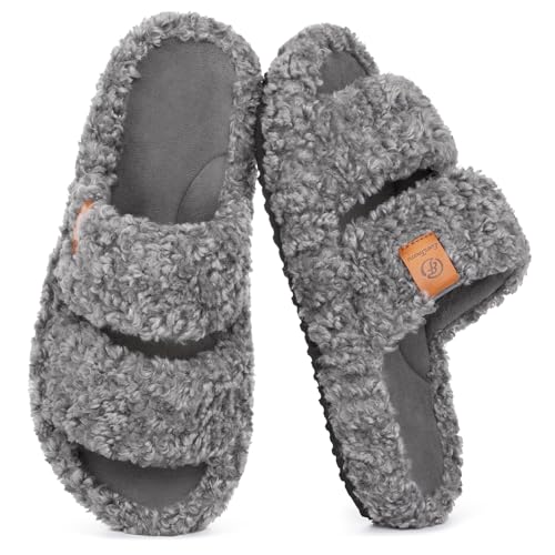 EverFoams Womens Fuzzy Open-toe Slippers Soft Comfy Memory Foam Indoor House Shoes Cool Gray,7-8 US
