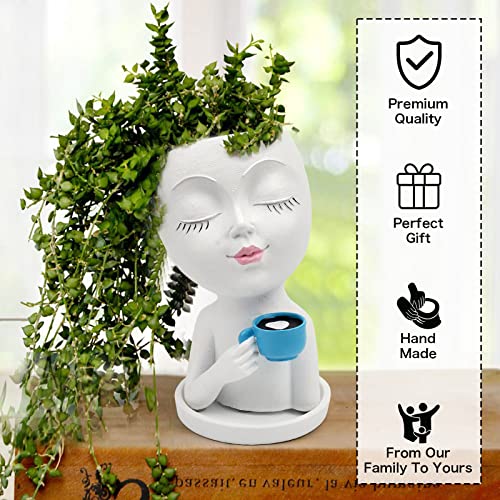 Toparad Face Flower Pots Head Planter, Cute Resin Face Planters For Indoor Outdoor Plants, Funny Succulent Planters Plant Pot Face Vase With Drainage Hole And Tray For Home Garden Cactus (White) #TOP5