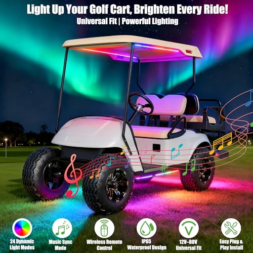 Image of 10L0L Golf Cart Underglow Light Kit with Canopy Lights, IP67 Waterproof, 24 Dream Color Modes Wireless Remote Music Sync, 12V-80V Wide Voltage Fit for Yamaha EZGO Club Car