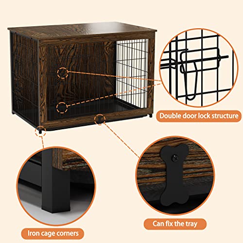 Megidok Wooden Dog Crate Furniture With Cushion, Dog Crate End Table With Tray, Double Doors Dog Crate Furniture Style, Decorative Dog Kennels Indoor For Small To Medium Dog-Rustic Style, 39*26*26 In #TOP2