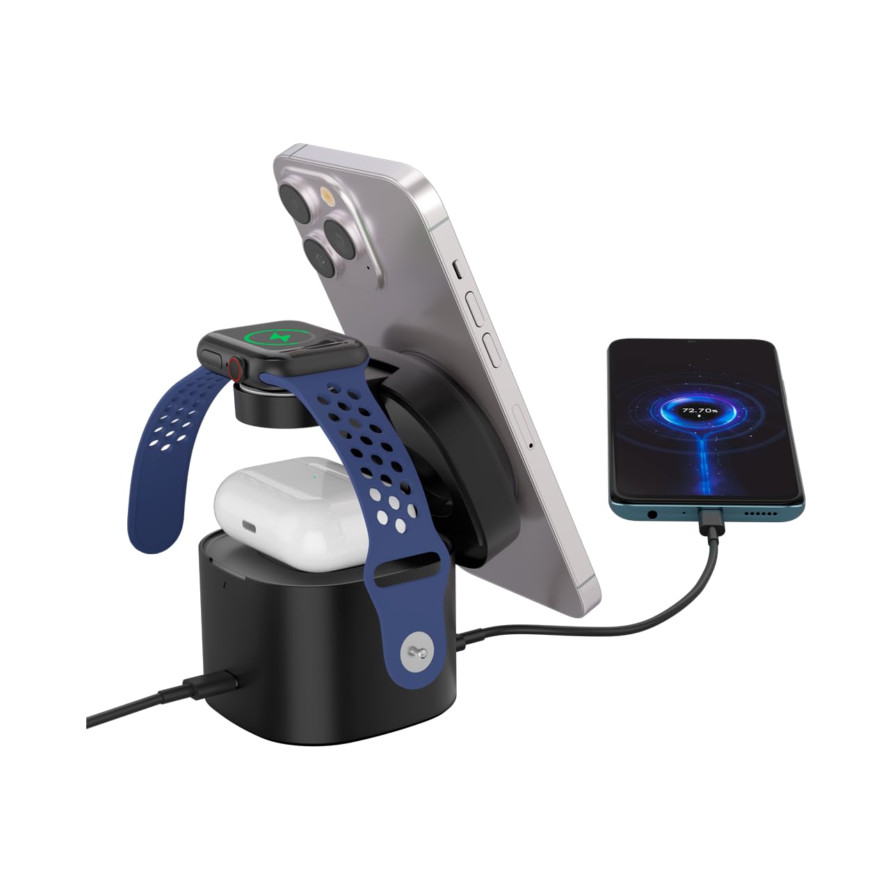 CANYON OnCharge 405 Qi2 - Supporto di ricarica wireless 4 in 1, 15 W, caricatore rapido magnetico per iPhone, Apple Watch e AirPods, porta USB-C da 30 W, adattatore PD da 65 W incluso, nero