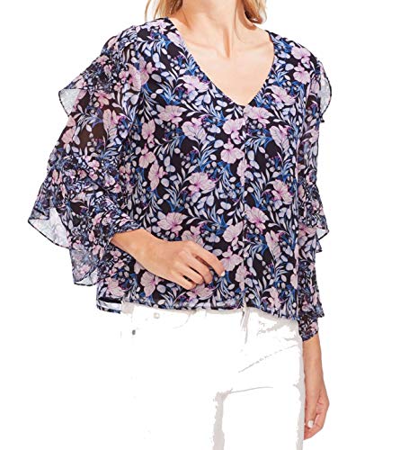 Vince Camuto Womens Tiered Ruffle Long Sleeve Charming Floral Blouse Classic Navy MD