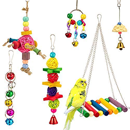 MEWTOGO 6 PCS Bird Swing Toys for Bird Cage - Bird Hammock +Hanging Bells+Rattan Balls+Parrot Chewing Toy+Beak Grinding Stone for Finch,Parakeets,Cockatiels,Conures and Love Birds