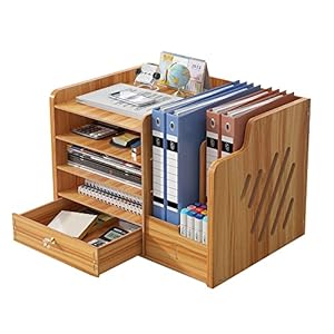 NUODWELL Wooden Desktop Organiser, Large Capacity Desk File Organiser Office Supplies Storage Holder File Rack for A4 Papers, Pens, Books, Letters and Documents (jb07-3 Cherry wood)