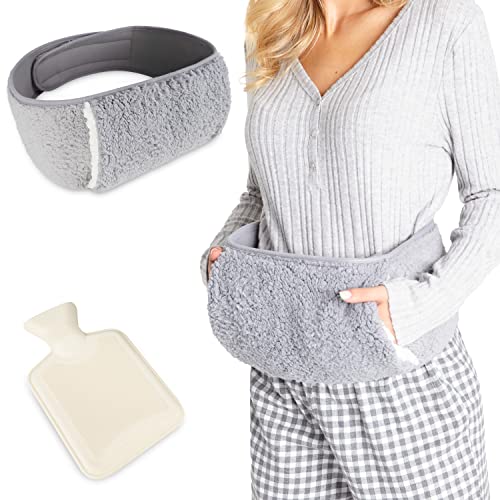 CityComfort Wearable Hot Water Bottle Period Pain Relief Belt Plush Hot Water Bag Pouch with Fluffy Waist Cover & Hand Pockets Wrap Around for Endometriosis Stomach Cramps (Grey)