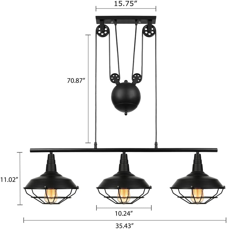 Industrial Vintage Retro Linear Chandelier - LITFAD 35" Wide Edison Metal Hanging Ceiling Light Pendant Light Billiard/Pool Table Island Light Fixture Black Finish with 3 Lights
