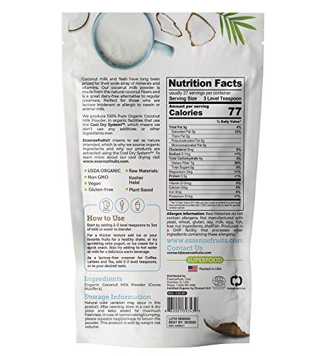 Essenzefruits Pure Organic Coconut Milk Powder - Premium Maltodextrin Free, No Sugar Added, Dairy Free, Usda Organic, Vegan, Keto & Paleo Friendly, No Additives, Pre Biotic Fibers, 27 Servings - 8 Oz #TOP1