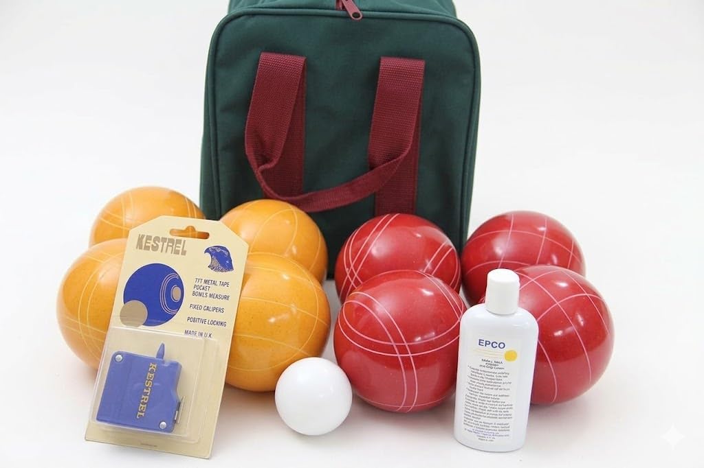 BuyBocceBalls Listing - Made in USA, Premium Quality Tournament Bocce Set - 110mm Gold and Red Balls, Nylon Maroon Bag, 998 Grams (2 lbs. 3.2 oz.). Polish. Measure Device