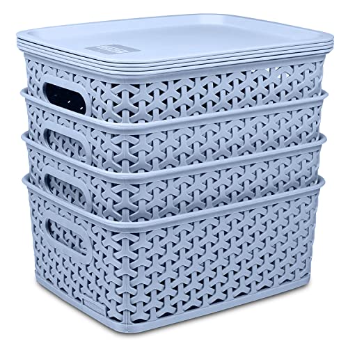 KOLORR Premium Elite Small Size Plastic Multipurpose Rectangular Storage Baskets With Lids Pack Of 4, Organiser Basket For Home/Kitchen/Wardrob/Toys/Stationary - Daiso Grey (B0C24GYRTV) Amazon Price History, Amazon Price Tracker