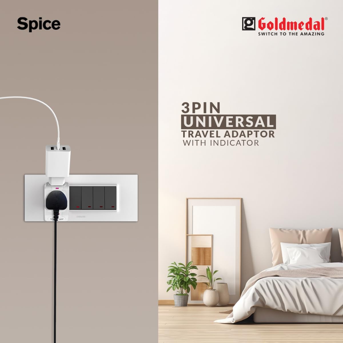 Goldmedal Spice 3 Pin 240V Multi Plug Socket | Universal Travel Adaptor with LED Indicator | Supports 2-Pin&3-Pin Plugs | Multiplug for Home&Office Appliances | Compact & Reliable