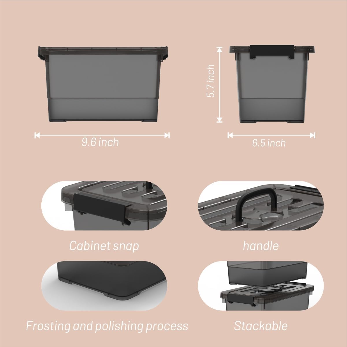 Plastic Storage Bins with Lids 5-Pack Storage Organizer, 4 Quart Stackable Storage Bins with Buckle Lids and Handle easy for Home Office Pantry Organization, Clear Black
