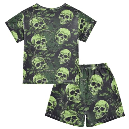 ALAZA Vintage Skull and Green Branches Pajama Set Short Sleeve Sleepwear Soft Lounge Nightwear2