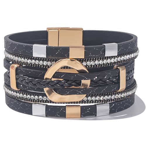 FANCY SHINY Boho Leather Wrap Bracelets Gold Circle Square Bead Braided Handmade Stackable Bracelet Trendy Cuff Bangle for Women