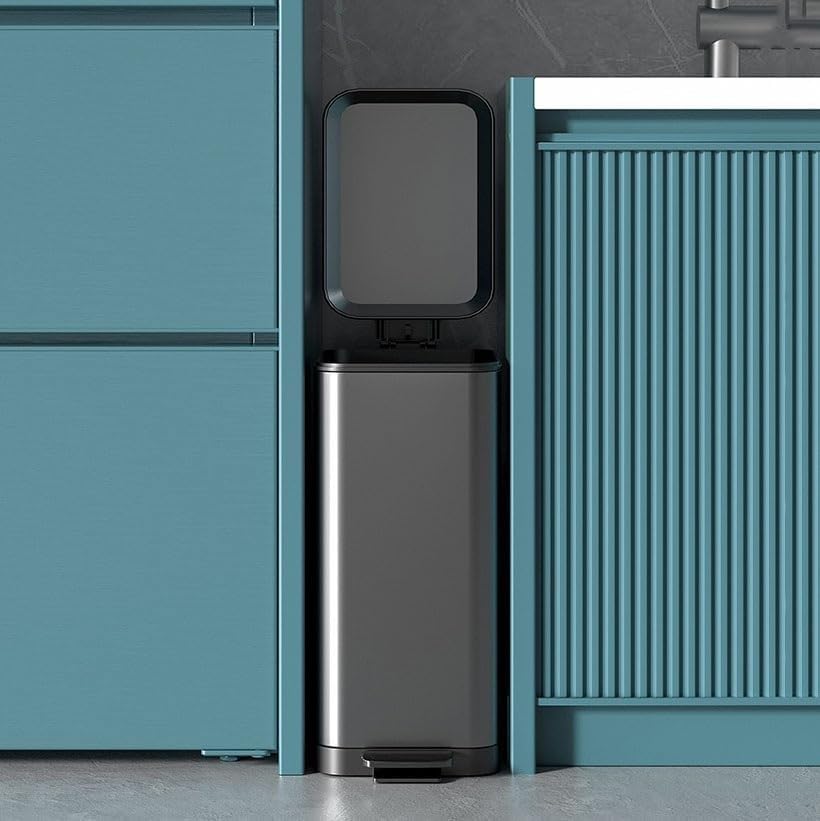 Trash Can 7/9/13/15/16/18/20Liter Slim Kitchen with Removable Liner Bucket and Handle, Brushed Stainless Steel,(Tungsten Steel Black,15L)