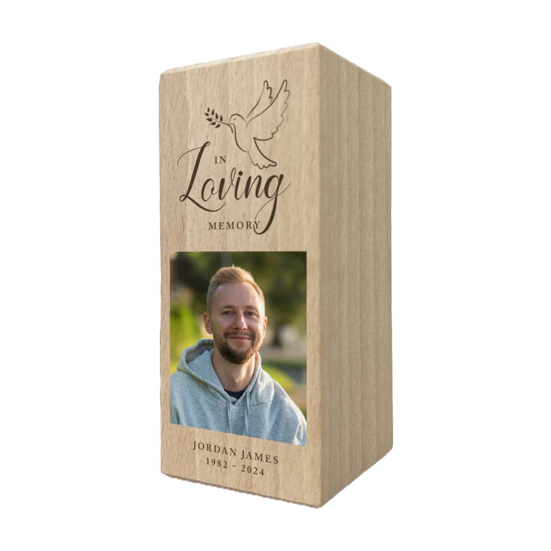 The Lovely Keepsake Company Light Personalised Memorial Dove Wooden Photo Tea Holder - Custom Message | Sympathy Gift, Remembrance | 13Cm H X 5.5Cm W X 5.5Cm D