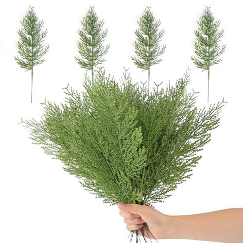 Hananona Artificial Pine Branches 80 Pcs Christmas Faux Cedar Stems Artificial Faux Cedar Branches Fake Christmas Greenery Pine Picks for Wreath Craft DIY Home Kitchen Decorations (80 Green)